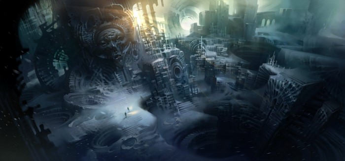 Surreal alien city with giant face sculpture