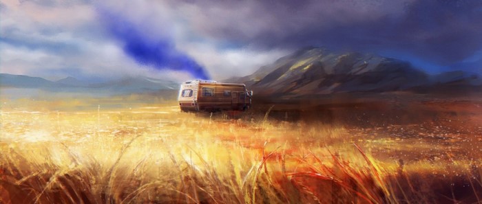 RV emitting blue smoke in a grassy field