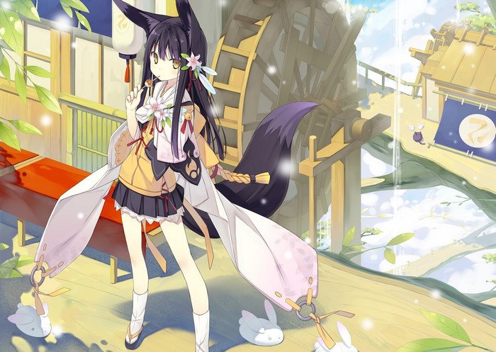 Anime girl with fox ears and tail holding a lollipop
