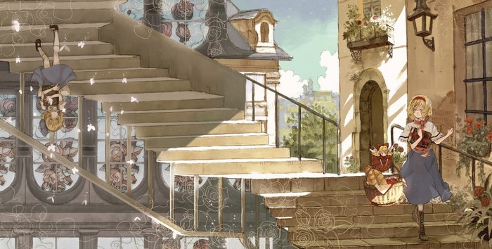 Alice Margatroid from Touhou on a European-style staircase