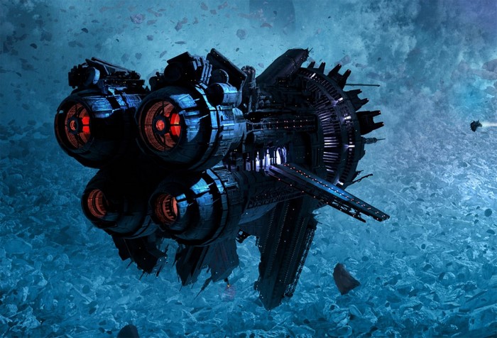 Massive dark spaceship with glowing engines in asteroid field