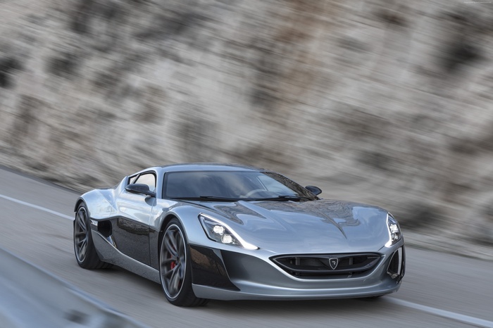 Silver Rimac Concept One ultra-light super car on road