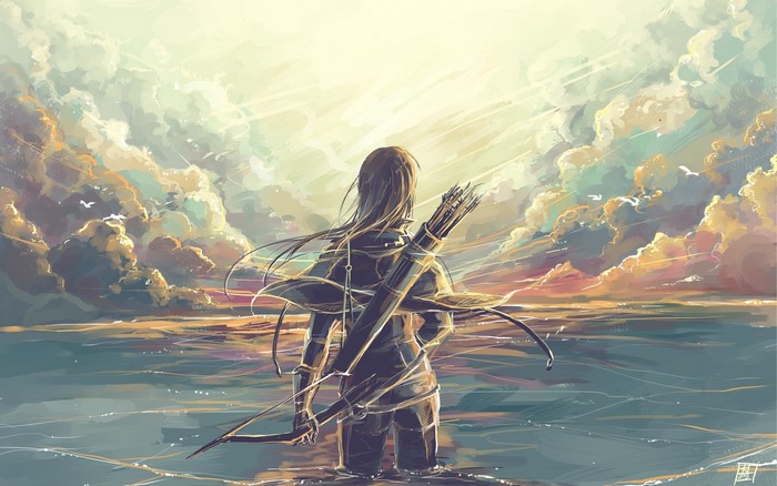 Archer with bow and arrows in the sea at sunset