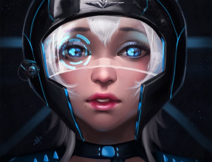 Anime girl with futuristic helmet and glowing eyes