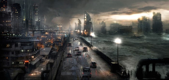 Apocalyptic Cityscape with Flooded Streets and Ruined Buildings