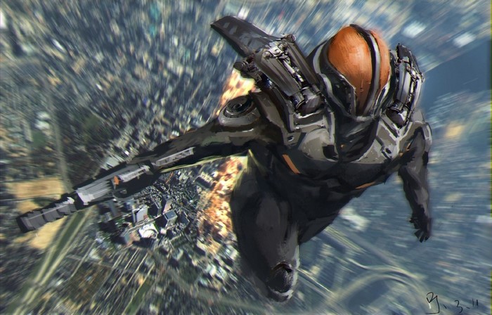 Futuristic soldier flying over a city