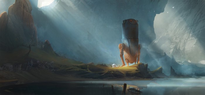 Giant robot and house by a lake with mountains