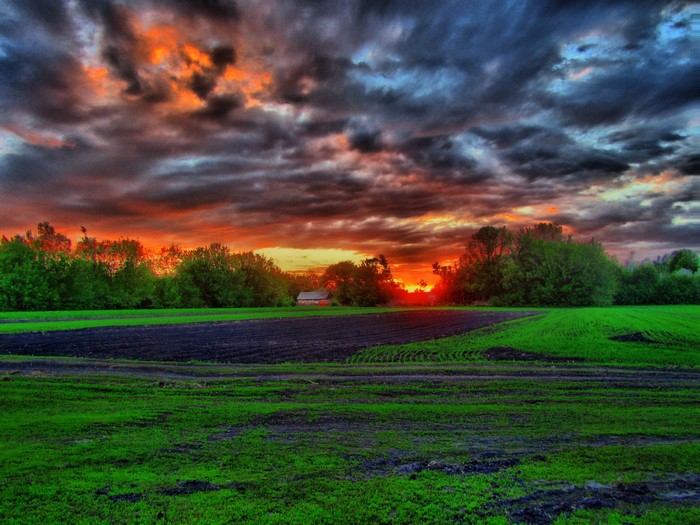 Sunset over a rural field with dramatic clouds