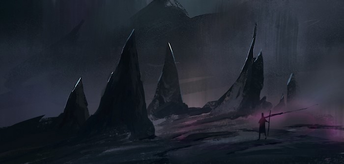 Dark fantasy landscape with sharp rocks and a lone figure