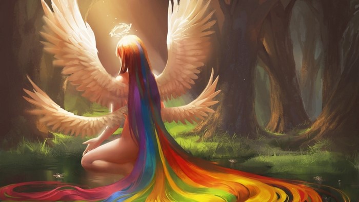 Angel with rainbow hair in a forest