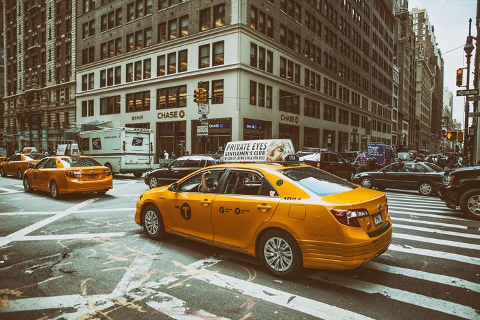 Yellow taxis and Chase Bank in Midtown Manhattan