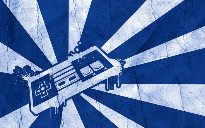 White Nintendo Entertainment System controller on blue sunburst background