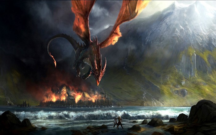 Dragon attacking a burning village by the sea