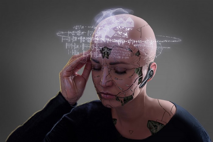 Digital art of a cyborg woman with mathematical equations