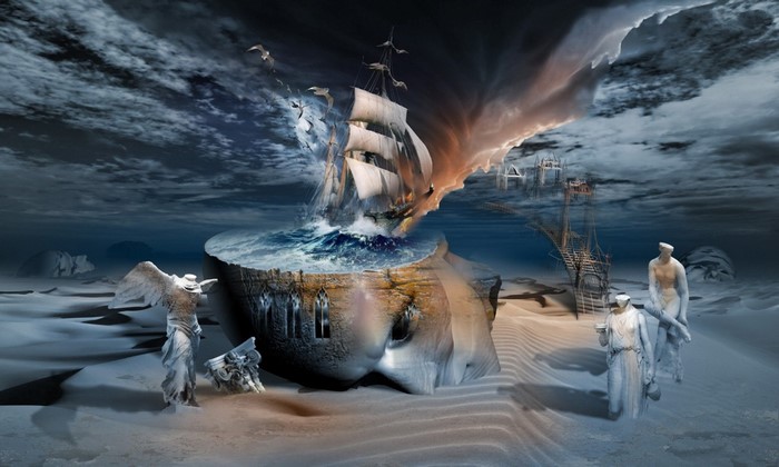 Surreal dreamscape with a sailing ship emerging from a giant head