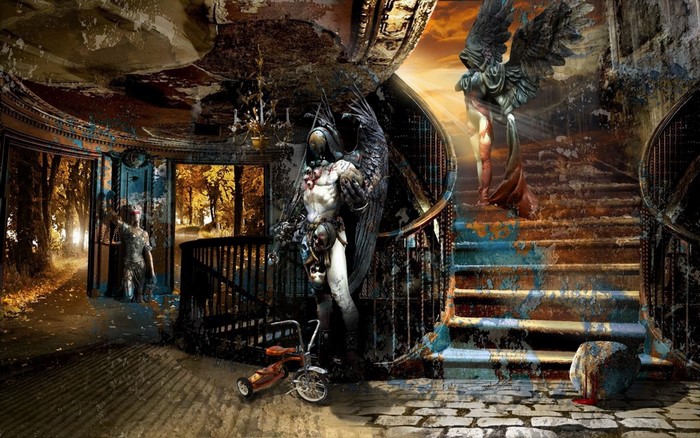 Fantasy art of a winged figure and a statue in a ruined temple
