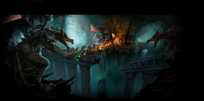 Fantasy art of dragons and warriors in a cave