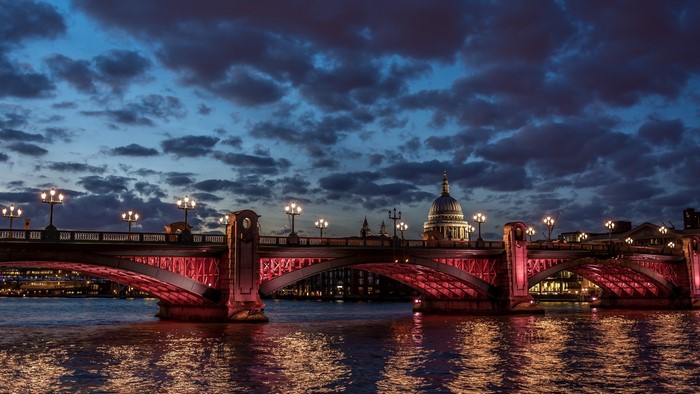 London Bridge at dusk with St. Paul's Cathedral