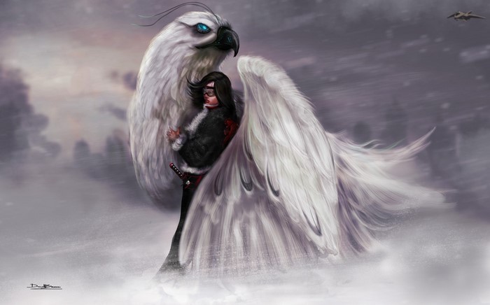 Fantasy art of a girl with a white bird