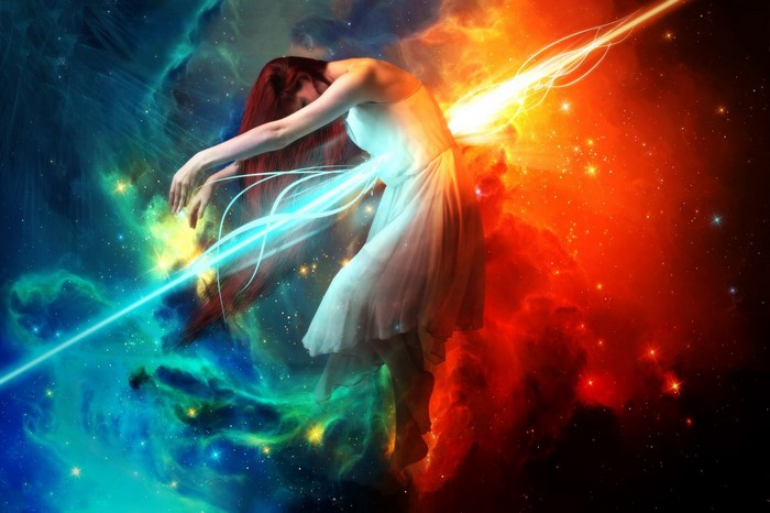 Fantasy art of a woman in space with nebulae
