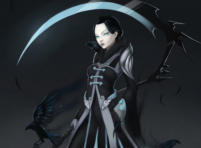 Fantasy art of a grim reaper with a scythe and a raven