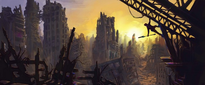 Artwork of a person on a structure in a ruined city