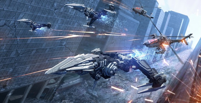 Futuristic mecha and helicopters in a destroyed city