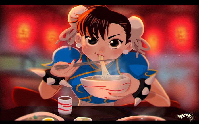 Chun-Li from Street Fighter eating noodles