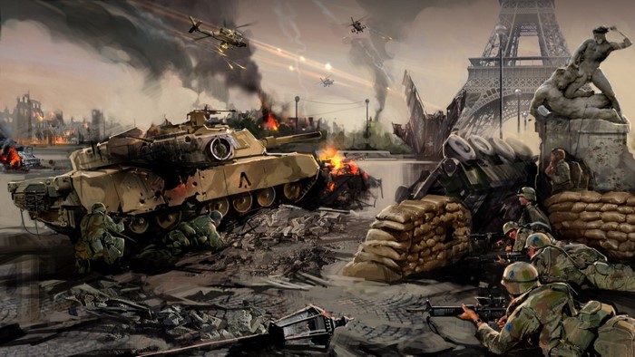 War Scene Near Eiffel Tower in Paris