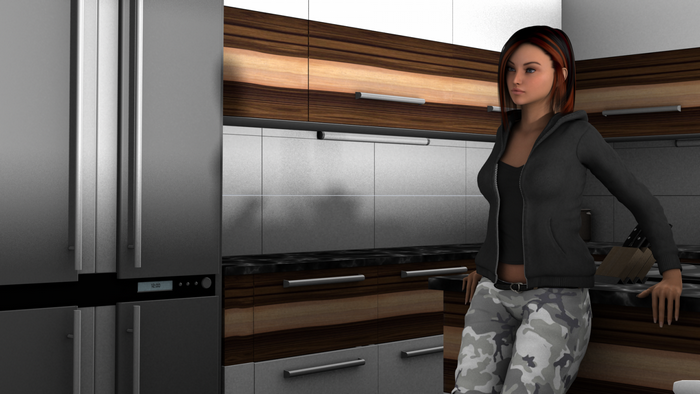 Woman in kitchen with refrigerator and cabinets