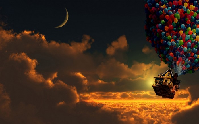 Up Movie House Floating with Balloons at Sunset