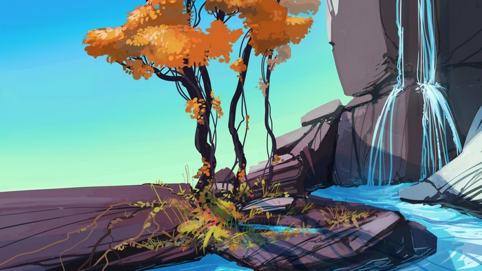 Digital art of a serene natural landscape with trees and a waterfall