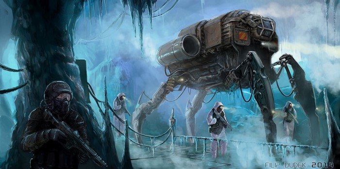 Futuristic exploration in an icy environment with a mechanical walker and soldiers