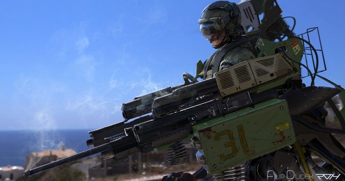 Futuristic soldier with heavy weaponry