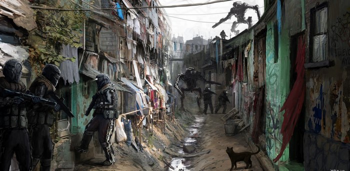 Futuristic soldiers and robots in a slum alley