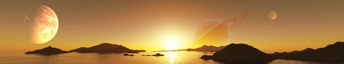 Planetary landscape with rings and moons at sunset