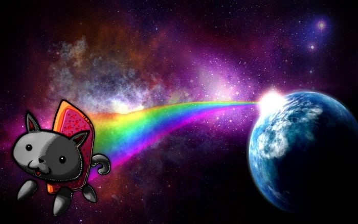 Nyan Cat leaving a rainbow trail towards Earth in space