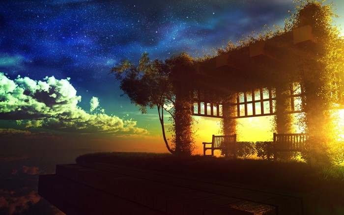 Starry night sky over a pergola with benches