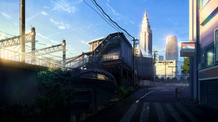 Anime cityscape with train station and skyscrapers at sunrise