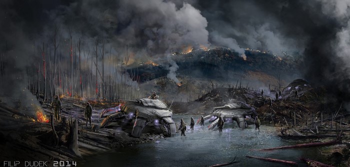 Futuristic war scene with burning landscape and tanks