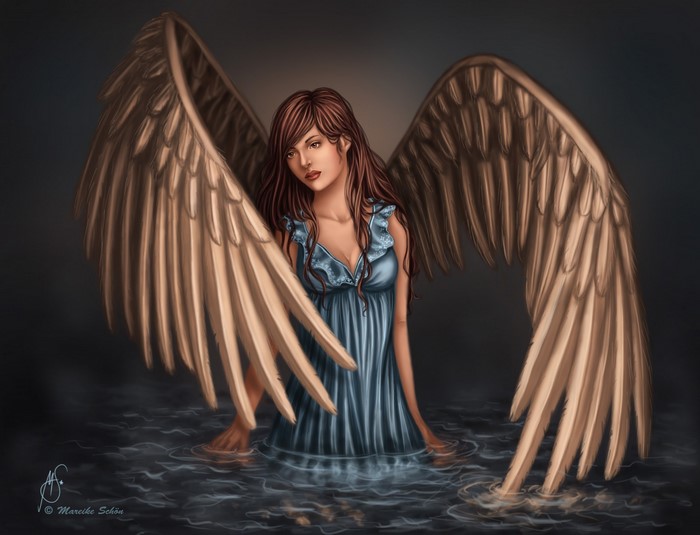 Angel with large wings standing in water