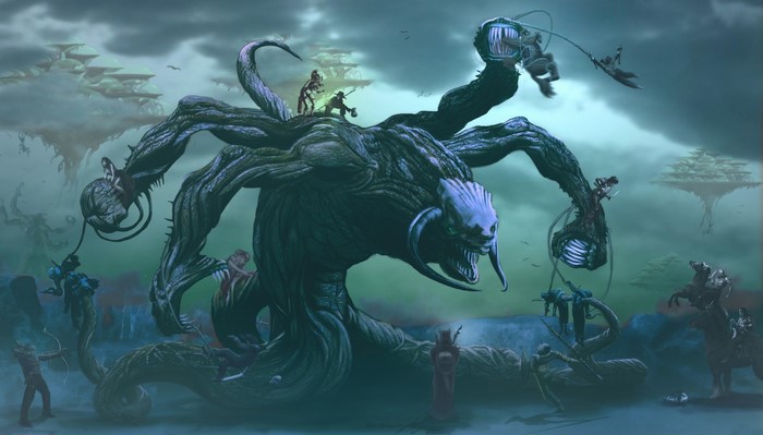 Fantasy art illustration of a monster battle