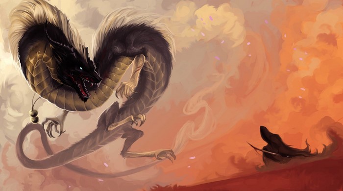 Dragon and hooded figure in a fiery landscape
