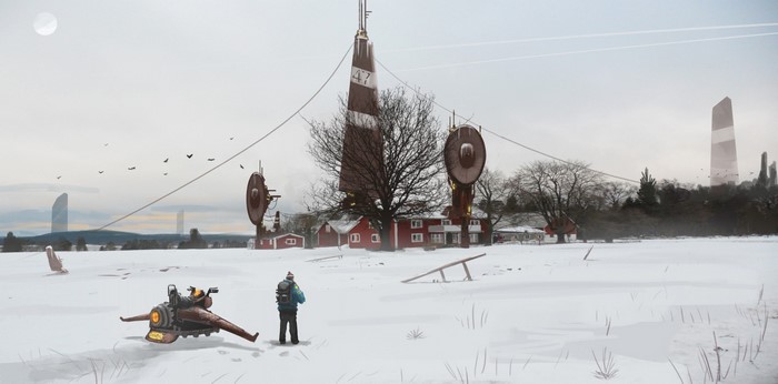 Futuristic winter landscape with a person and a vehicle