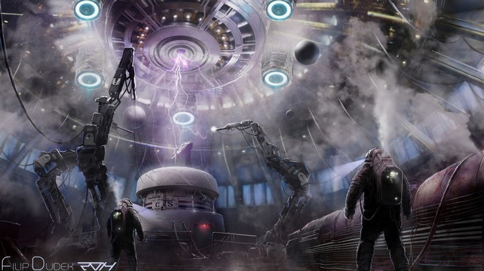 Futuristic laboratory with astronauts and robotic arms