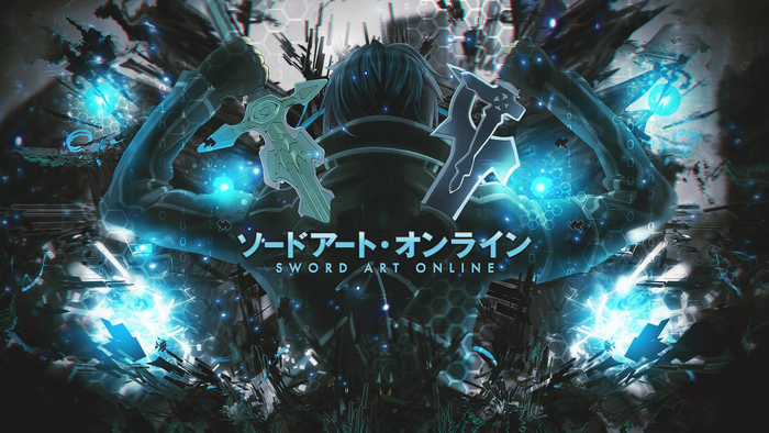Kirito from Sword Art Online with swords and digital effects
