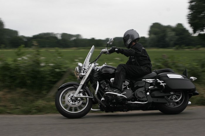 Rider on a black Yamaha XV 1900 motorcycle
