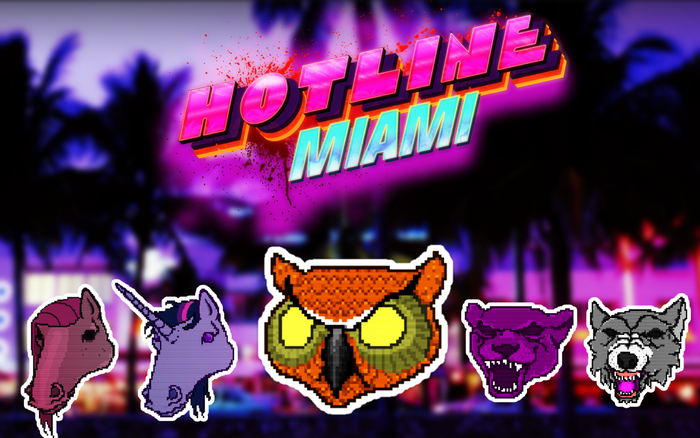 Hotline Miami pixel art masks of animals and unicorn