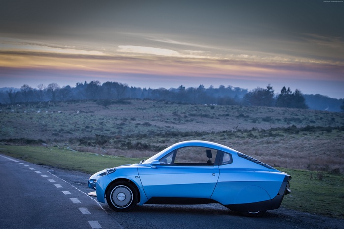 Blue Riversimple Rasa hydrogen-powered car on road