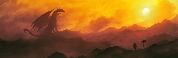 Dragon and traveler at sunset in mountains